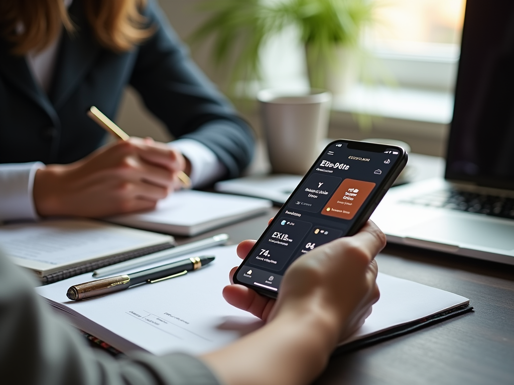 Бизнес-встреча: женщина использует смартфон, проверяя финансовые данные, и делает заметки.