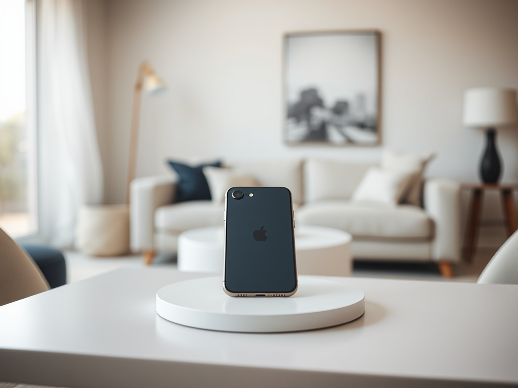 На белом столе стоит телефон Apple, в современном интерьере с диваном и лампой в фоне.