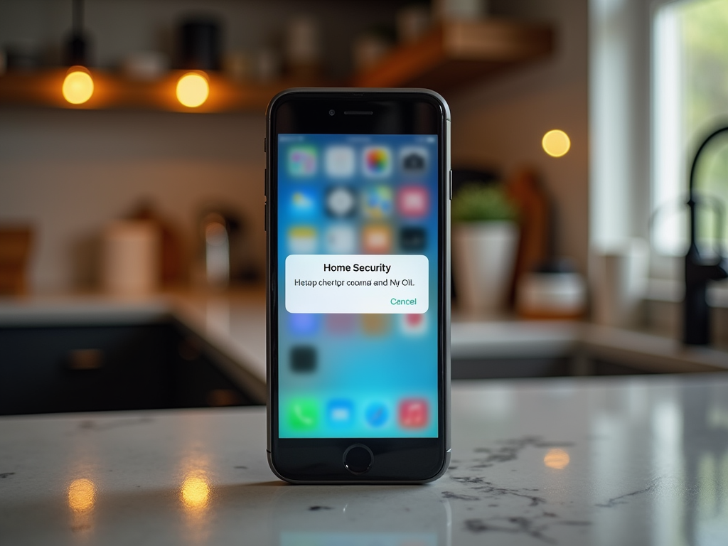 Смартфон на столе с открытым уведомлением о безопасности дома на экране.